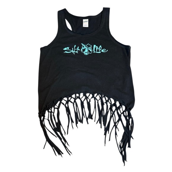 Salt Life Other - Salt Life Girls Small Black Racerback Fringe Hem Tank Top Teal Logo Hibiscus